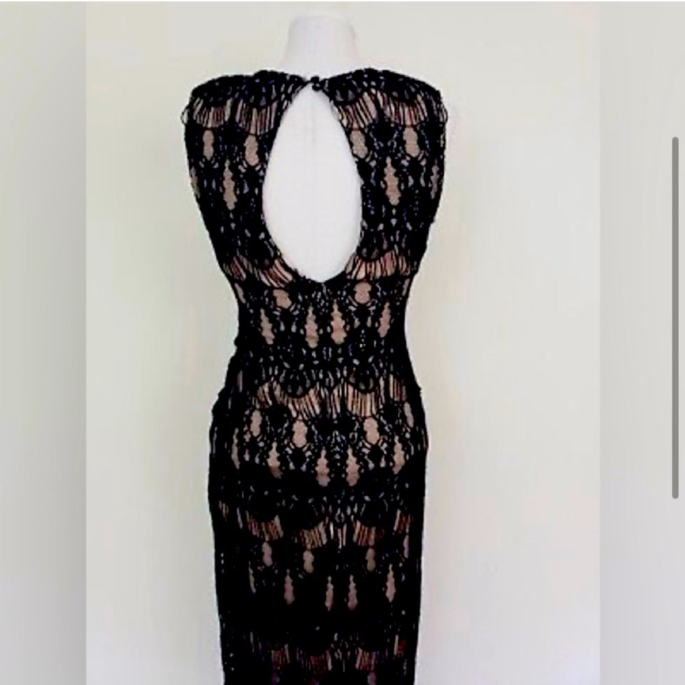 Rachael & Chloe Womens Sm Medium
Dress Black Beige Lace Overlay Long
Fringed Hem